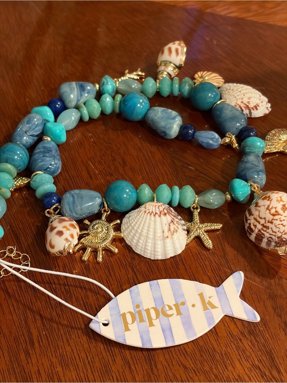 Turquoise Bead Shell Charm Necklace with Gold Accents - Women Jewelry - Picture 8 of 8